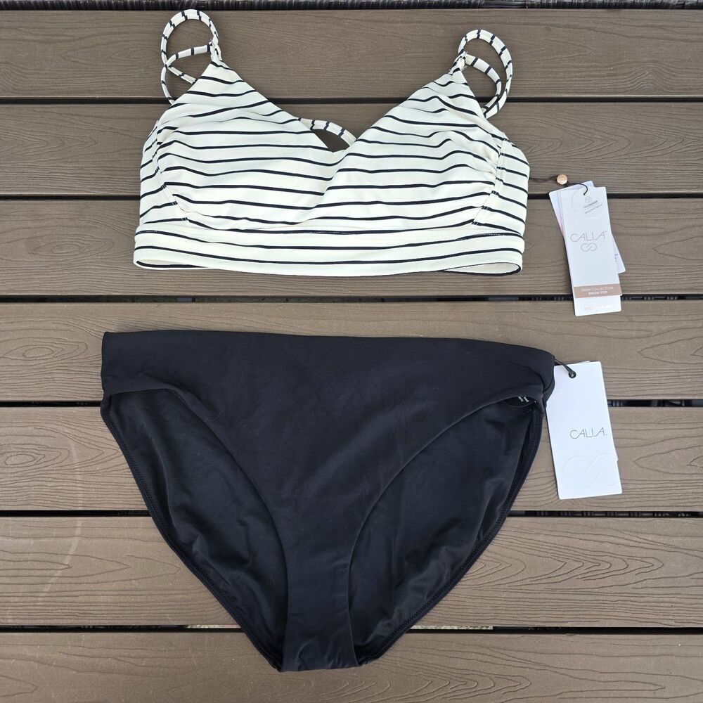 CALIA Women Coastal Stripe Rouched Strappy Top & Black Mid Rise Bikini Sz L New